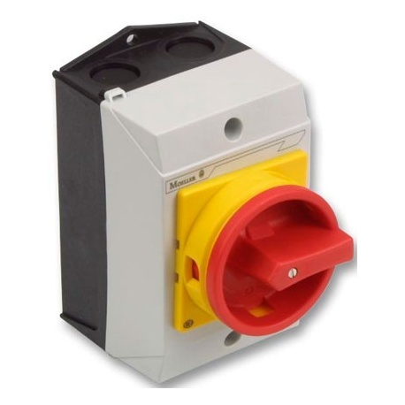 INTERRUPTOR GENERAL 3P 25A 400V AC23 +1 NO + 1 NC MONTAJE EN CAJA -MANETA ROJA/AMARILLA P1-25/L2/SVB/HL11 EATON